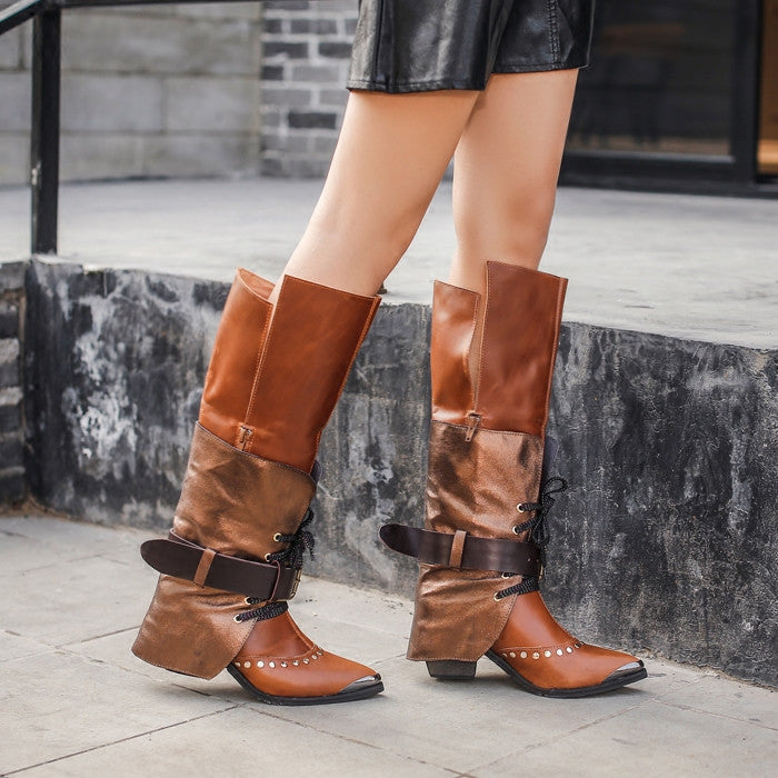 New Arrival !!! Genuine Leather Knee HIgh Women Boots Silver Metal Pointed Toe Women Winter Boots Lace Up Motorcycle Shoes Women
