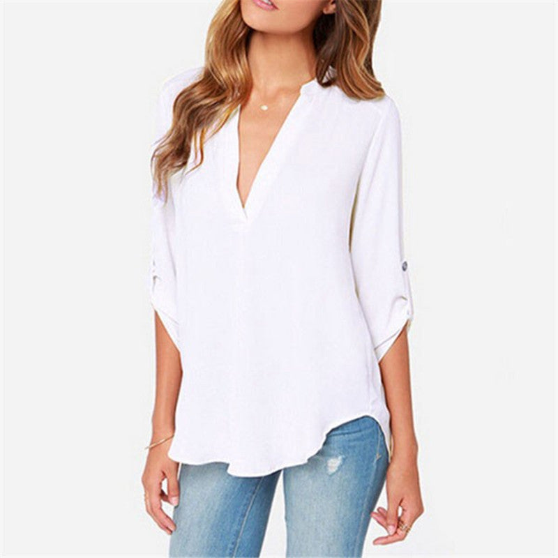 Plus Size S-5XL Summer Women OL V Neck Folds Long Sleeve Casual Chiffon Blouse regata feminina camisetas Tops New 7 colors